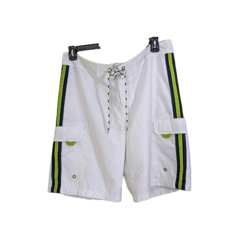 Vintage Old Navy Mens White Board Swim Shorts Size L Black Green Stripes Cargo